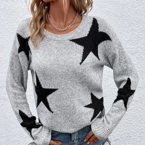 Grey Casual Womens Star Pattern Drop Shoulder Sweater - Picture 3 of 5